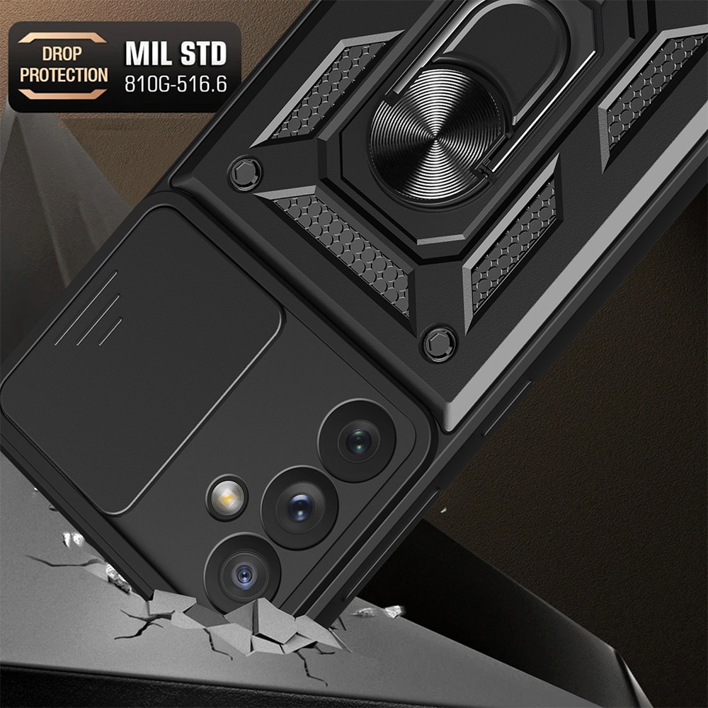 Husa telefon, compatibila cu Samsung Galaxy A54 5G, Rugged Shield LensProtect, Anti-soc, Capac glisant pentru camere, Protectie lentile, Acoperire completa, Inel de prindere, Magnet, Negru