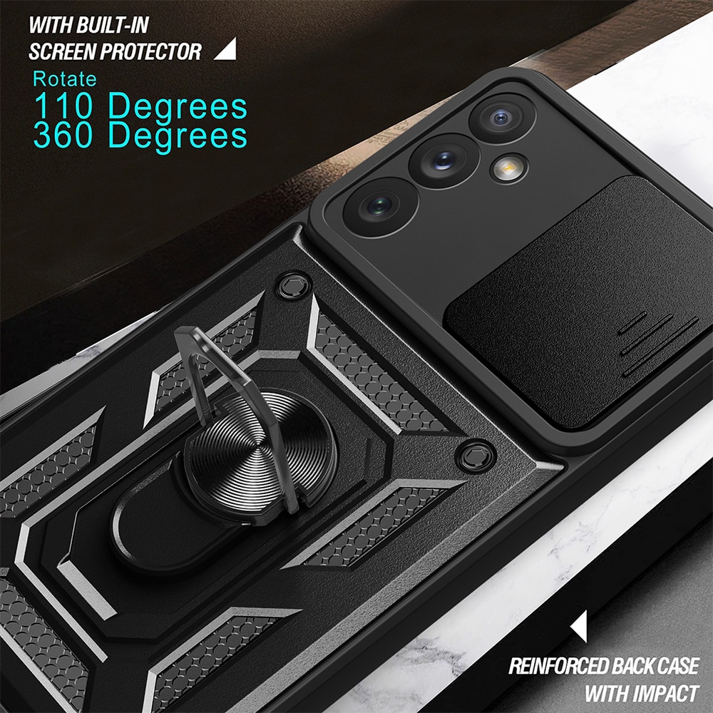 Husa telefon, compatibila cu Samsung Galaxy A54 5G, Rugged Shield LensProtect, Anti-soc, Capac glisant pentru camere, Protectie lentile, Acoperire completa, Inel de prindere, Magnet, Negru