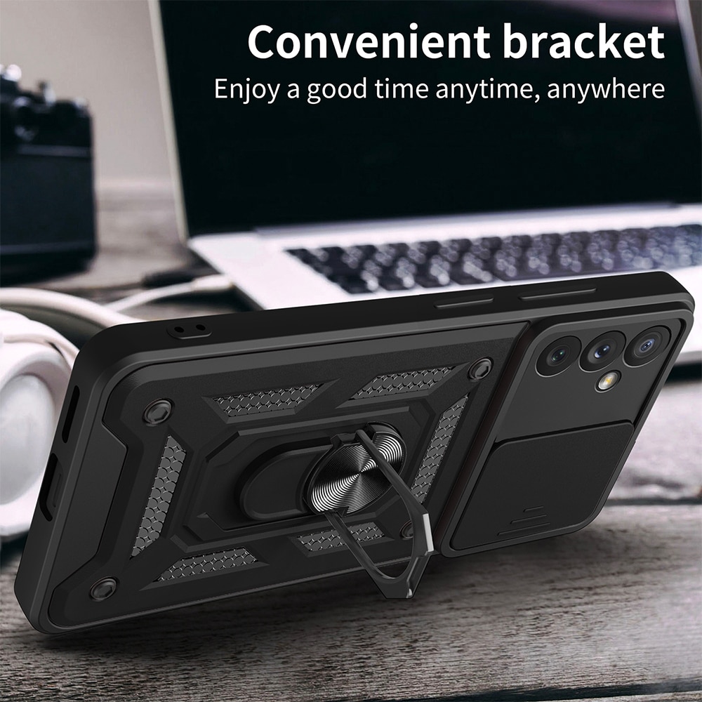 Husa telefon, compatibila cu Samsung Galaxy A54 5G, Rugged Shield LensProtect, Anti-soc, Capac glisant pentru camere, Protectie lentile, Acoperire completa, Inel de prindere, Magnet, Negru