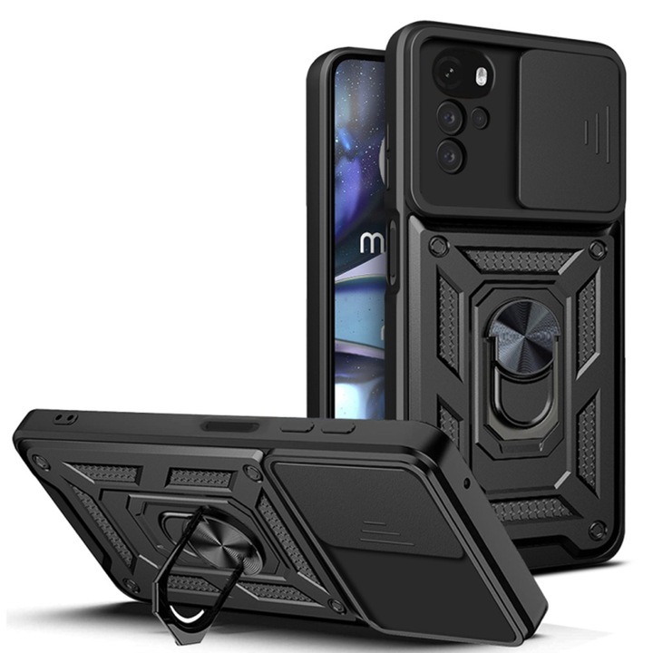Калъф за телефон, съвместим с Motorola Moto E32 / E32s, здрав щит LensProtect, Anti-Shock, плъзгащ се капак за фотоапарати, защита на обектива, пълно покритие, пръстен за захващане, магнит, черен