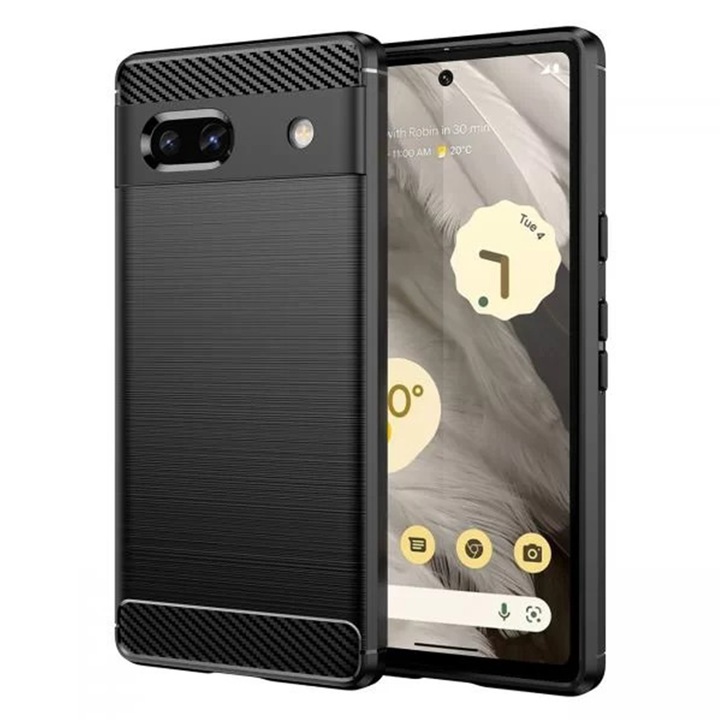 Supreme Carbon tok, amely kompatibilis a Google Pixel 7a telefonnal, Precíz védelem, Barázdás kialakítás, Megerősített élek, Ujjlenyomat mentes, Fekete