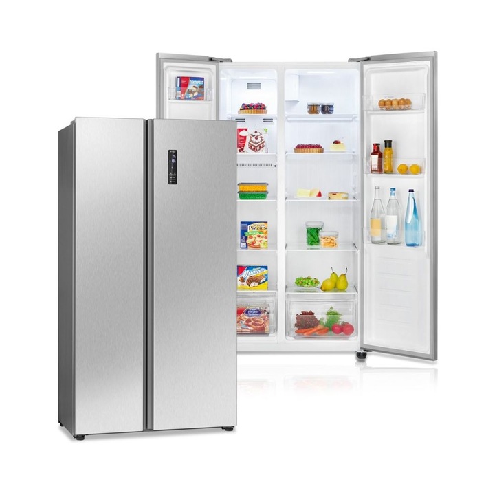 Frigider side by side, Bomann, SBS 7344, Total No Frost, 442 litri, H 177 cm, silentios, rafturi din sticla, display digital, sistem MultiAirflow si Holiday Mod, racire si congelare rapida, alarma usi deschise, inox