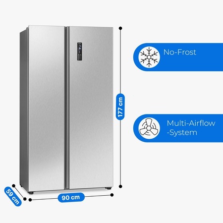 Frigider side by side, Bomann, SBS 7344, Total No Frost, 442 litri, H 177 cm, silentios, rafturi din sticla, display digital, sistem MultiAirflow si Holiday Mod, racire si congelare rapida, alarma usi deschise, inox