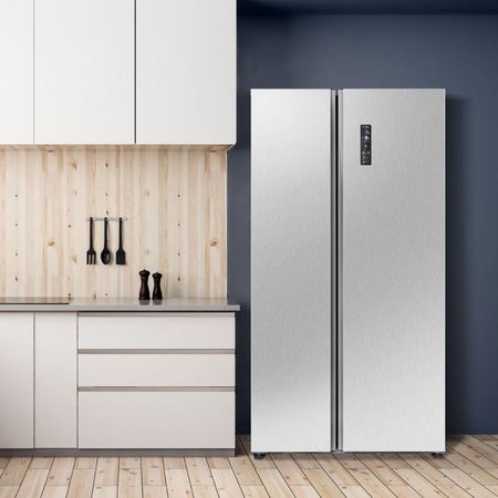 Frigider side by side, Bomann, SBS 7344, Total No Frost, 442 litri, H 177 cm, silentios, rafturi din sticla, display digital, sistem MultiAirflow si Holiday Mod, racire si congelare rapida, alarma usi deschise, inox