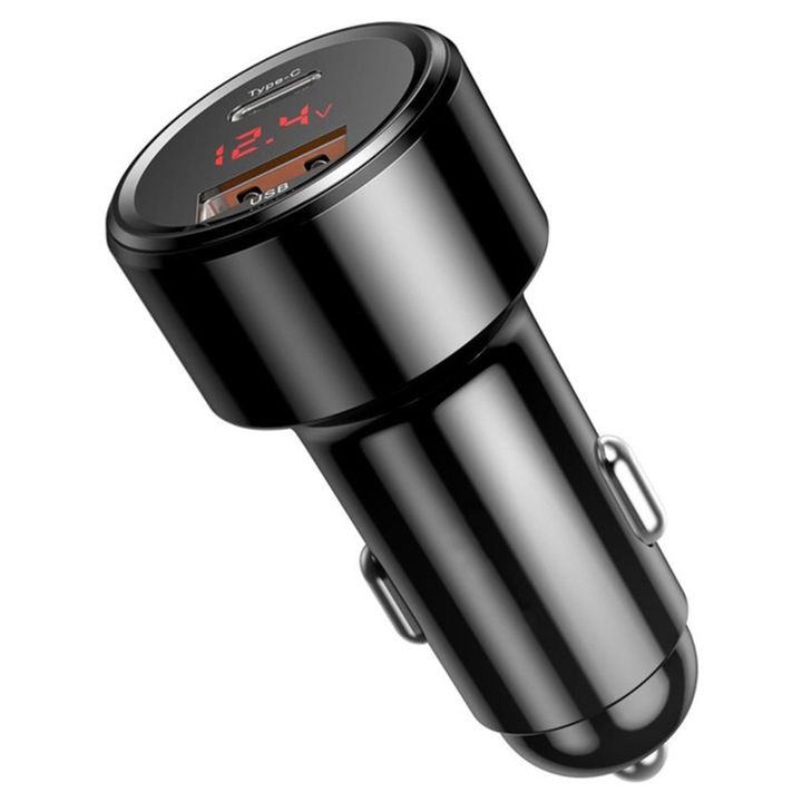 USB+USB Type-C autós töltő adapter – 20V, Max 6A, USB, Smart autós töltő, fekete