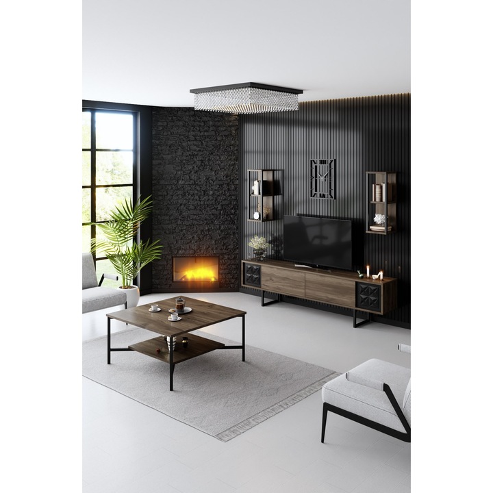 Set de mobilier pentru living, Black, Nuc-Negru, 180 x 48 x 30 cm