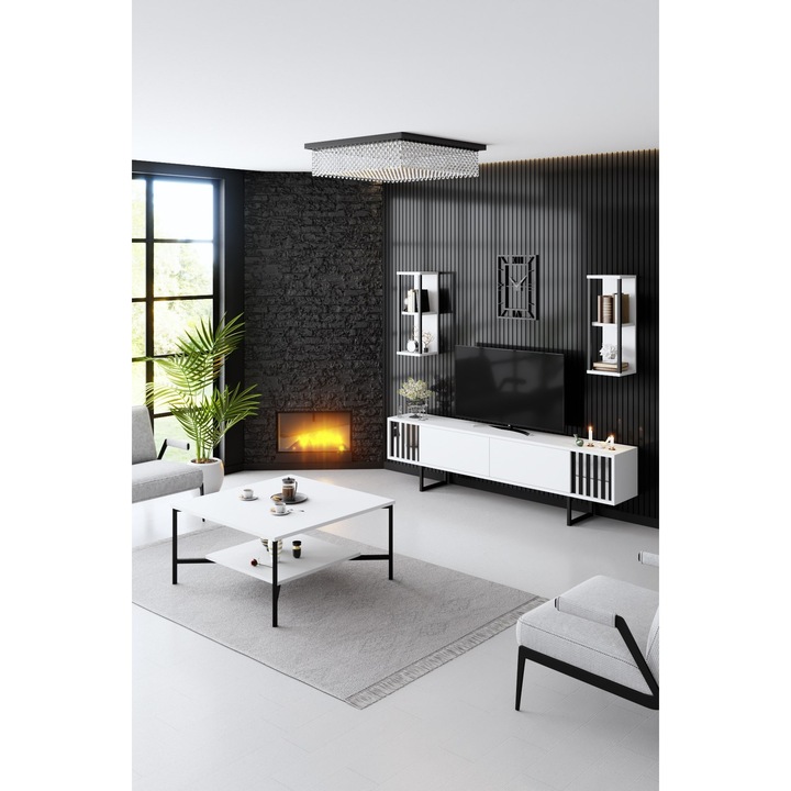 Set de mobilier pentru living, Chrome, Alb-Negru, 180 x 48 x 30 cm