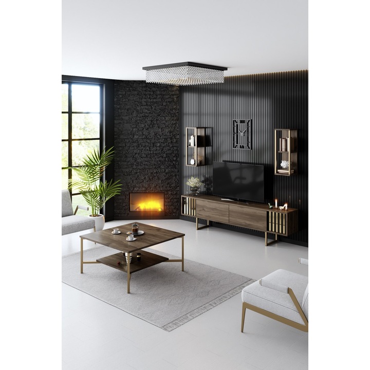 Set de mobilier pentru living, Gold, Nuc-Negru, 180 x 48 x 30 cm