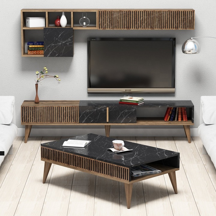 Set de mobilier pentru living, Milan, Nuc-Negru, 180 x 40 x 35 cm