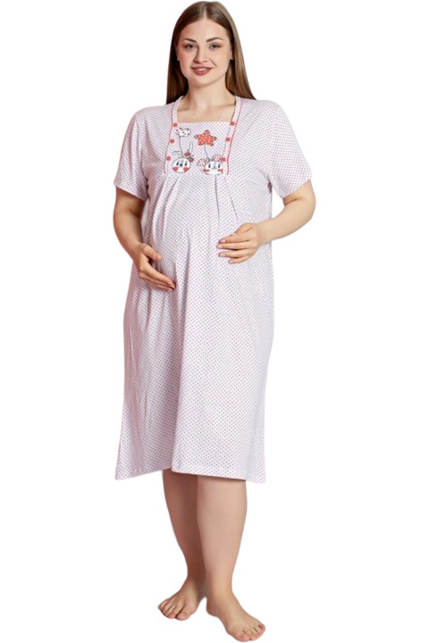 Camasa de noapte, StarFashion, pentru gravide si mamici, pentru alaptat, cu nasturi, 100% bumbac, Rosu inchis