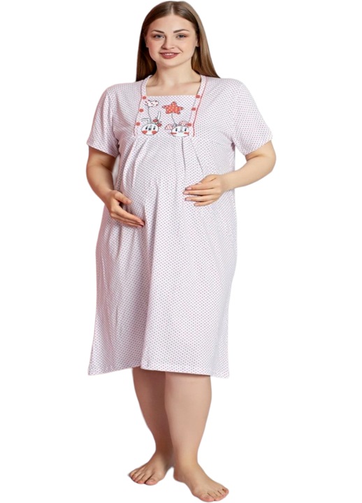 Camasa de noapte, StarFashion, pentru gravide si mamici, pentru alaptat, cu nasturi, 100% bumbac, Rosu inchis