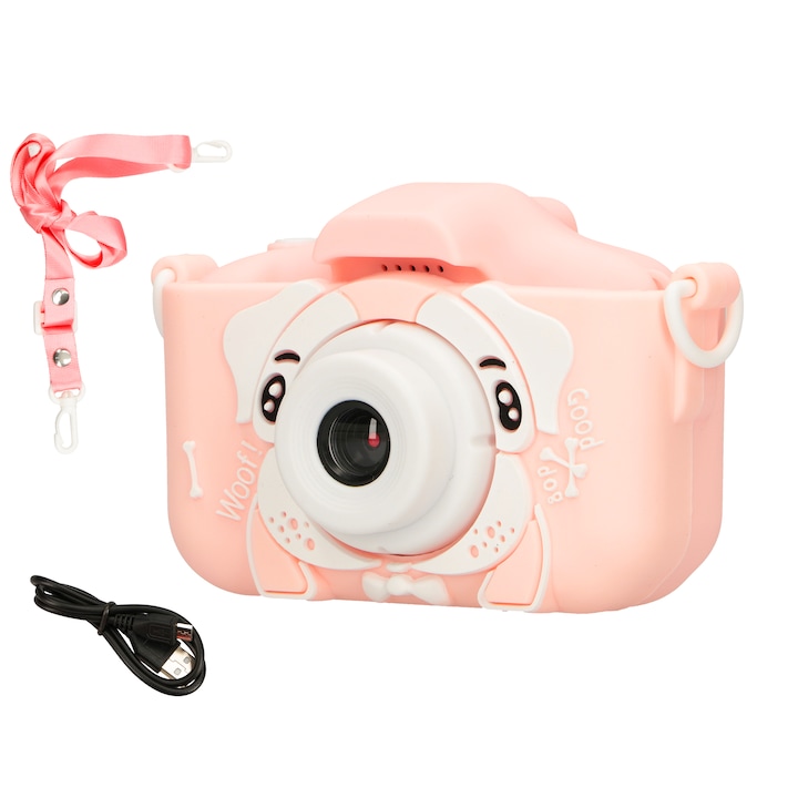 Digitális fényképezőgép gyerekeknek Extralink H28 Single Pink, 1080P 30fps, 12Mpix, LCD kijelző 2.0", LED, 400 mAh, LiPo, Játékok, Tartós konstrukció, ABS/Szilícium