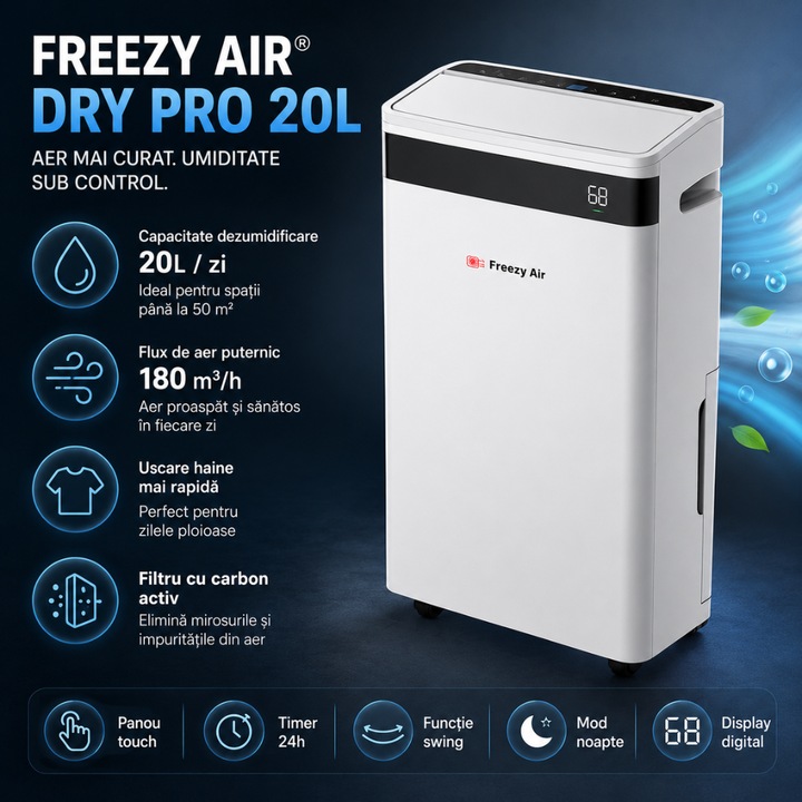 Dezumidificator si purificator aer Freezy Air® Dry Pro 20L, functie swing, 180 m3/h, consum redus, uscare haine, filtru carbon activ, panou touch, timer, display digital, mod noapte, alb