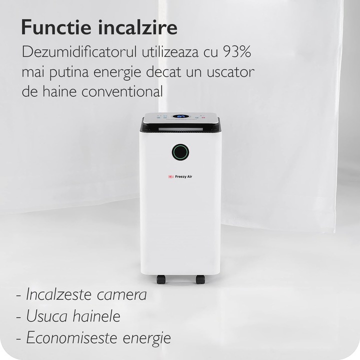 Dezumidificator si purificator aer Freezy Air® Dry Pro 12L, 120 m3, consum redus, 30 m2, functie uscare haine, filtru carbon activ, panou touch, timer, display digital, mod noapte, alb