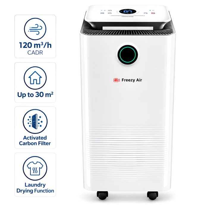 Dezumidificator si purificator aer Freezy Air® Dry Pro 12L, 120 m3, consum redus, 30 m2, functie uscare haine, filtru carbon activ, panou touch, timer, display digital, mod noapte, alb