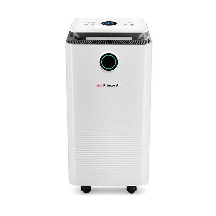 Dezumidificator si purificator aer Freezy Air® Dry Pro 12L, 120 m3, consum redus, 30 m2, functie uscare haine, filtru carbon activ, panou touch, timer, display digital, mod noapte, alb