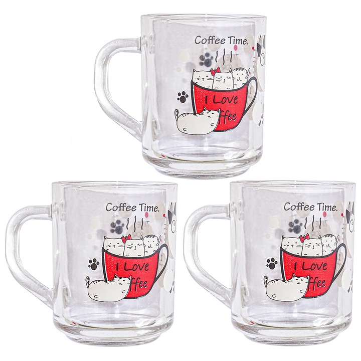 Set 3 cani sticla Natalia Design, 246 ml, ceai sau cafea, 9x7.2 cm, decor Coffee & Cat, transparent