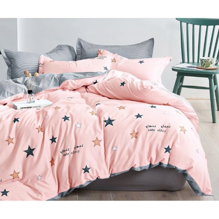 Двойно спално бельо, сатениран памук, 4 части, 2 лица, розово-сива щампа, 200x230см