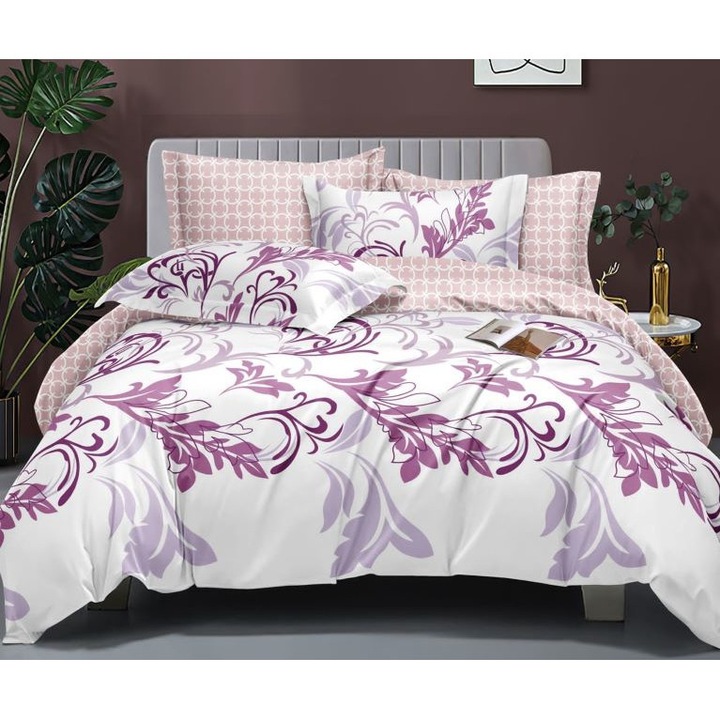 Двойно спално бельо, сатениран памук, 4 части, 2 лица, бяло-лилав принт, 200x230см