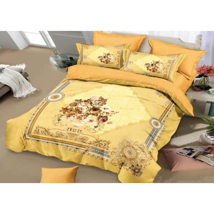 Lenjerie de pat dublu, Catifea, 6 piese, 2 persoane, imprimeu Galben Floral, 230x250cm