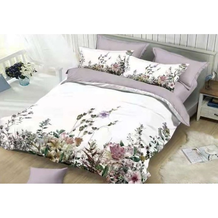 Двойно спално бельо, Кадифе, 6 части, 2 лица, щампа Полски цветя, 230x250см, Многоцветен
