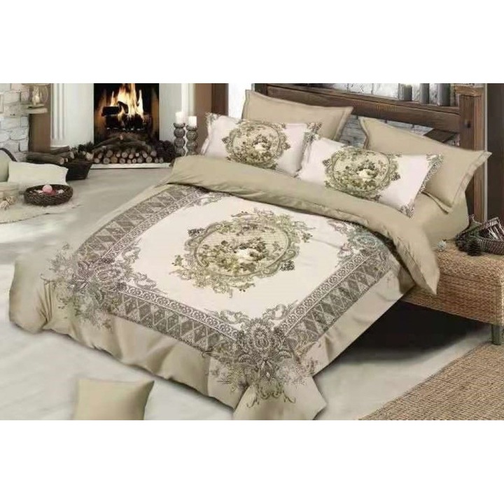 Lenjerie de pat dublu, Catifea, 6 piese, 2 persoane, imprimeu Bej Nuante, M1, 230x250cm