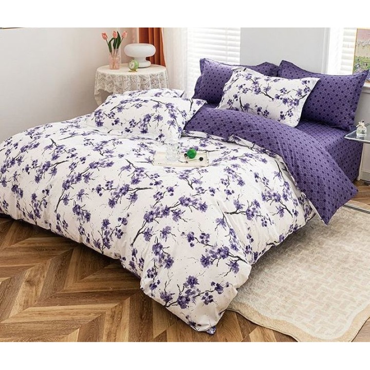 Двойно спално бельо, сатениран памук, 4 части, 2 лица, клони Flowers Purple, 200x230см
