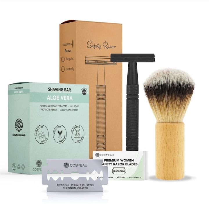 Set Barbierit Set de barbierit cu aparat de ras clasic Safety Razor Glossy Black ...