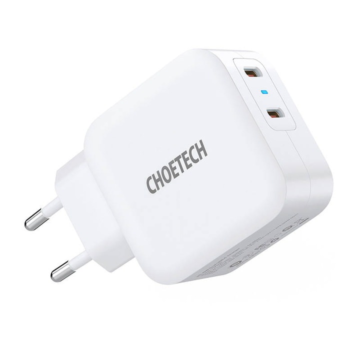 Двойно Зарядно с USB-C за iPhone, CHOETECH 220v Dual GaN 20+20W, Бял