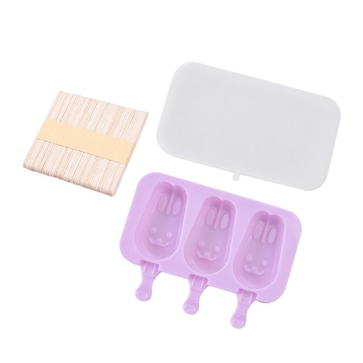 Set forma inghetata si 50 bete eBA®, 3 compartimente, Model Iepuras, Forma ovala, Silicon, Mov