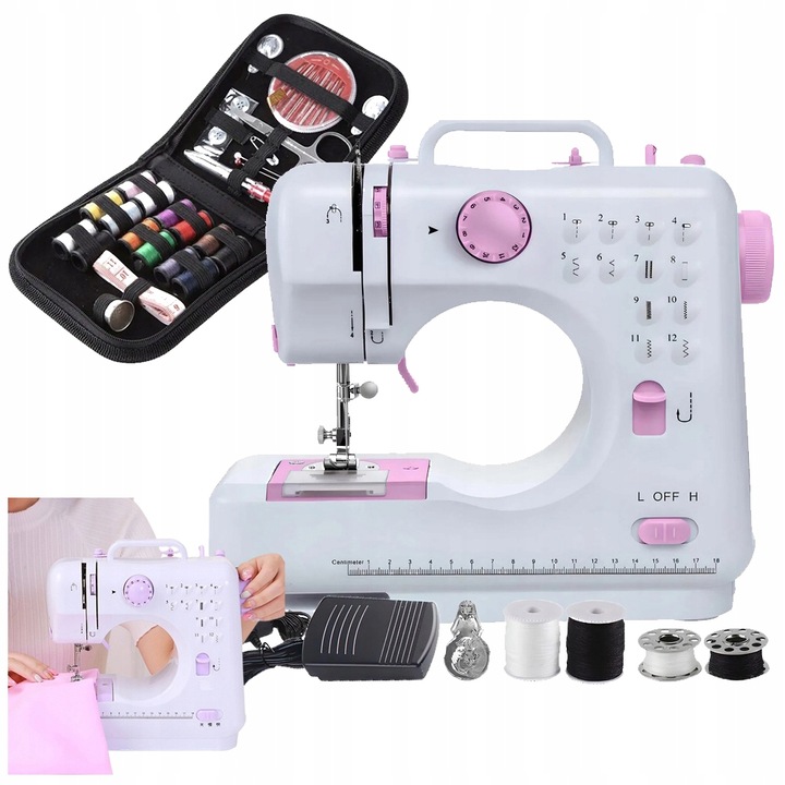 Mini masina de cusut portabila, 12 tipuri de cusaturi, alb/roz, 27x12.5x7cm, accesorii de croitorie incluse