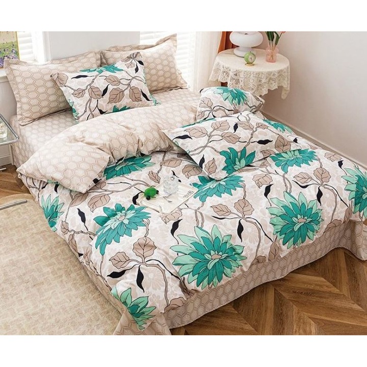 Двойно спално бельо, сатениран памук, 4 части, 2 лица, щампа Тюркоазени цветя, 200x230см