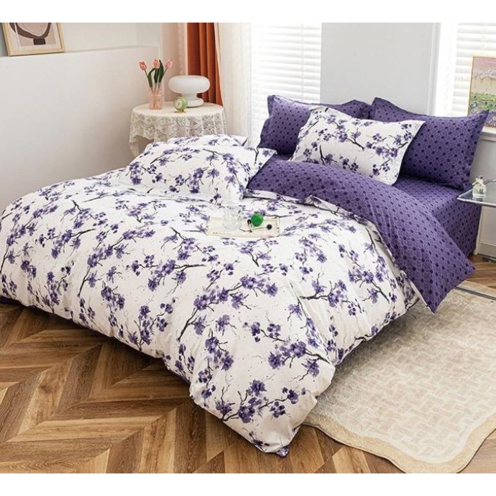 Двойно спално бельо, 2 лица, Щампа с лилави цветя, 4 части, 2 души, 180x200 см, Сатениран памук