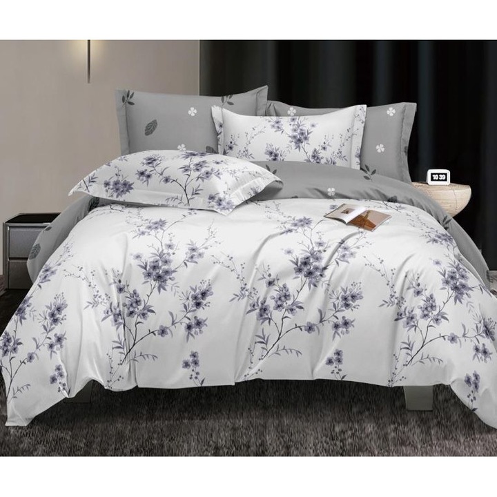Dupla ágyneműhuzat szett 2 oldalas, Virágzó ágak nyomat, 4 db, 2 személyes, 180x200cm, Szatén pamut, Fehér-lila