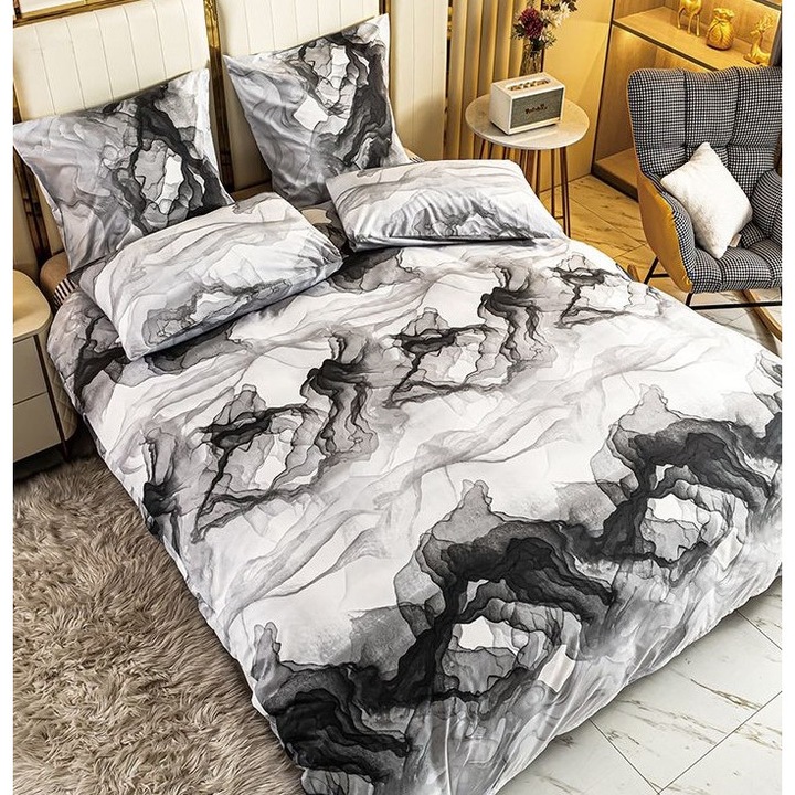 Двойно спално бельо за 2 души, Мраморна щампа, 4 части, 2 души, 180x200 см, Сатениран памук