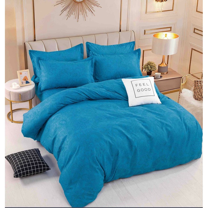 Спално бельо от 6 части JOJO HOME, фин памук, с ластик, синьо, 200x220 см, JFE102