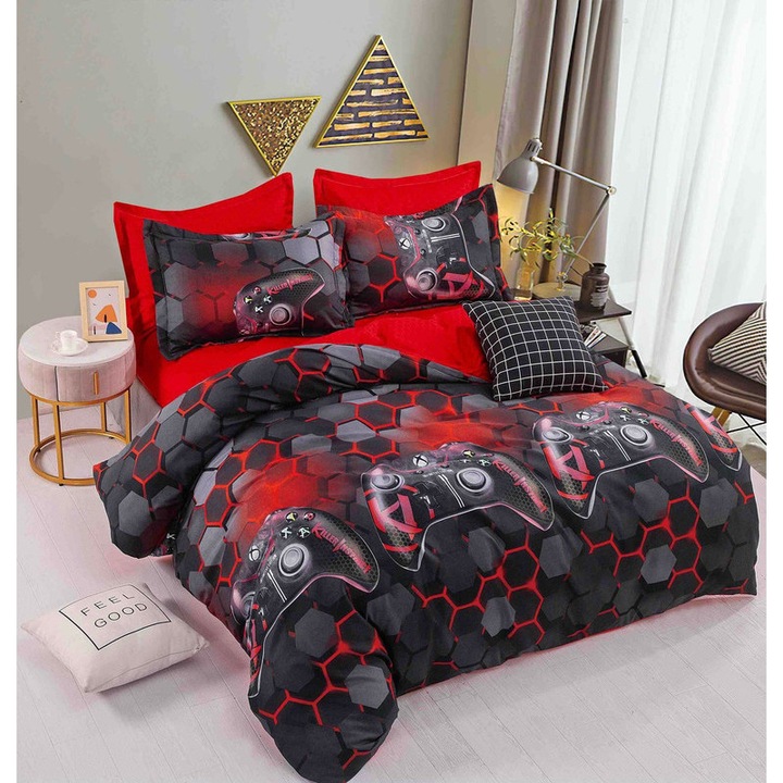 Спално бельо от 6 части, JOJO HOME, фин памук, с ластик, Xbox конзола, черно с червено, 200x220 см, JFE108