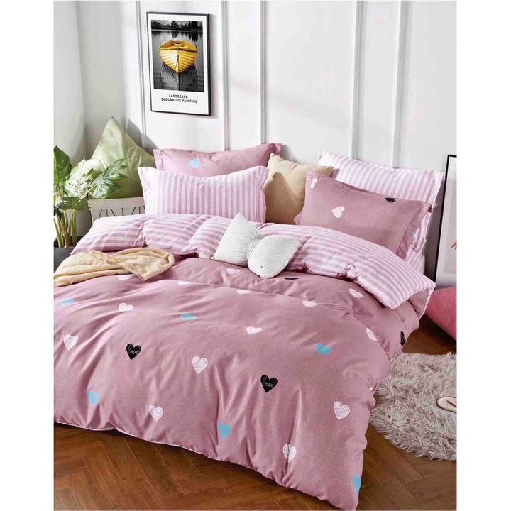 6 части спално бельо, JOJO HOME, фин памук, с ластик, розово със сърца, 200x220 см, JFE105