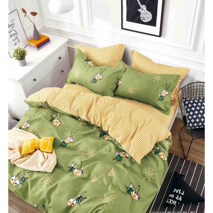 6 части спално бельо, JOJO HOME, фин памук, с ластик, зелено с пчели, 200x220 см, JFE115