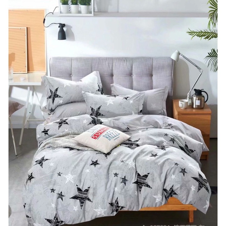 6 части спално бельо, JOJO HOME, фин памук, с ластик, сиви звезди, 200x220 см, JFE134