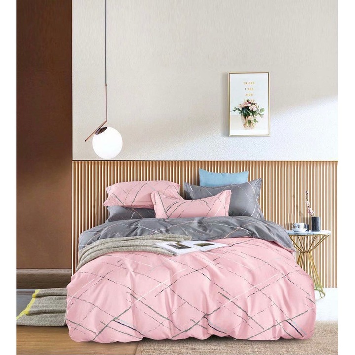 6 части спално бельо, JOJO HOME, фин памук, с ластик, розово, 200x220 см, JFE136