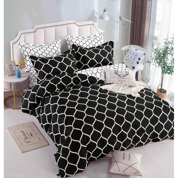 Спално бельо 6 части, JOJO HOME, фин памук, с ластик, черно, 200x220 см, JFE125