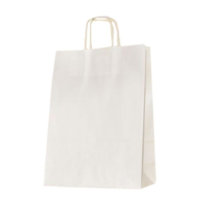 Set 100 de Sacose Albe cu Maner Rasucit, 260x120x350 mm, Hartie Kraft Albit 90 g