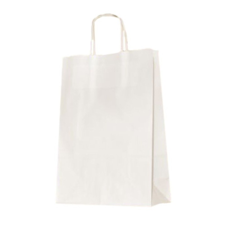 Set 100 de Sacose Albe cu Maner Rasucit, 220x100x310 mm, Hartie Kraft Albit 90 g