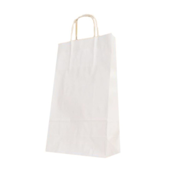 Set 100 de Sacose Albe cu Maner Rasucit, 180x80x290 mm, Hartie Kraft Albit 90 g