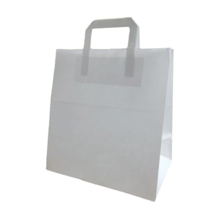 Set 100 de Sacose Albe cu Maner din Banda, 270x160x290 mm, Hartie Kraft Albit 80 g