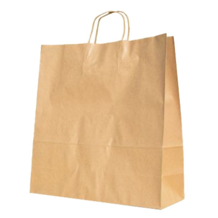 Set 50 de Sacose Natur cu Maner Rasucit, 450x170x470 mm, Hartie Kraft Natur 100 g