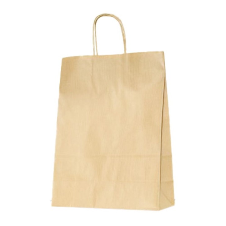 Set 100 de Sacose Natur cu Maner Rasucit, 260x120x350 mm, Hartie Kraft Natur 90 g