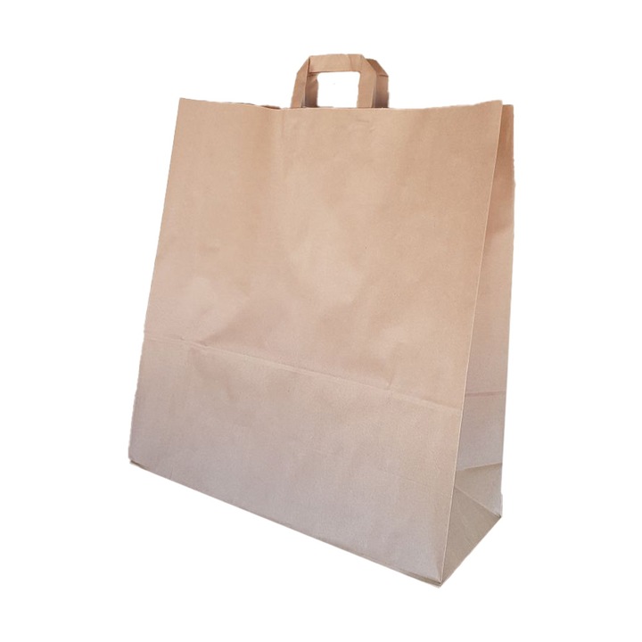 Set 50 de Sacose Natur cu Maner din Banda, 450x170x480 mm, Hartie Kraft Natur 100 g