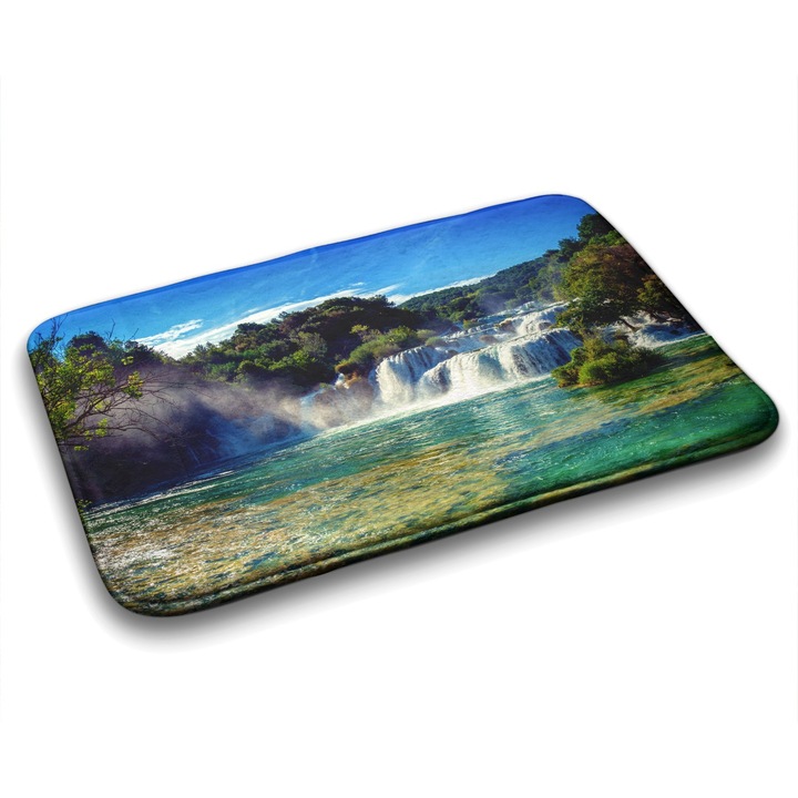 Covor de Baie, Tulup, Dreptunghi, Peisaj De Cascada, Verde, 75 cm x 45 cm, 010350680010100007681